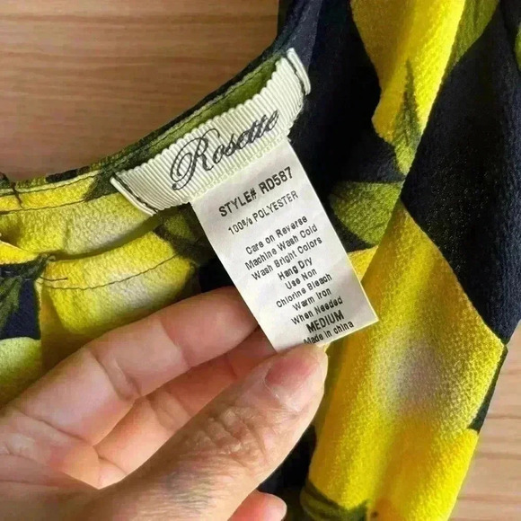 Women’s Rosette Spring Blue Dress With Yellow Lemons Flutter Sleeve Chiffon M - Picture 13 of 14